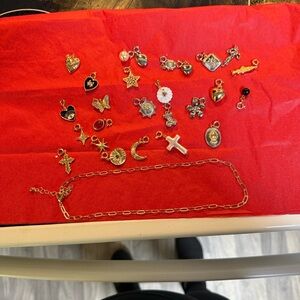 Gold Charm Necklace with Mix of Gold and Silver Charms